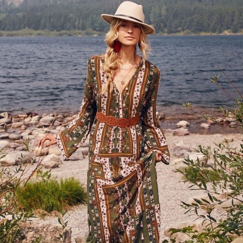 Altar’d State // Olive Boho Patched Print Dress